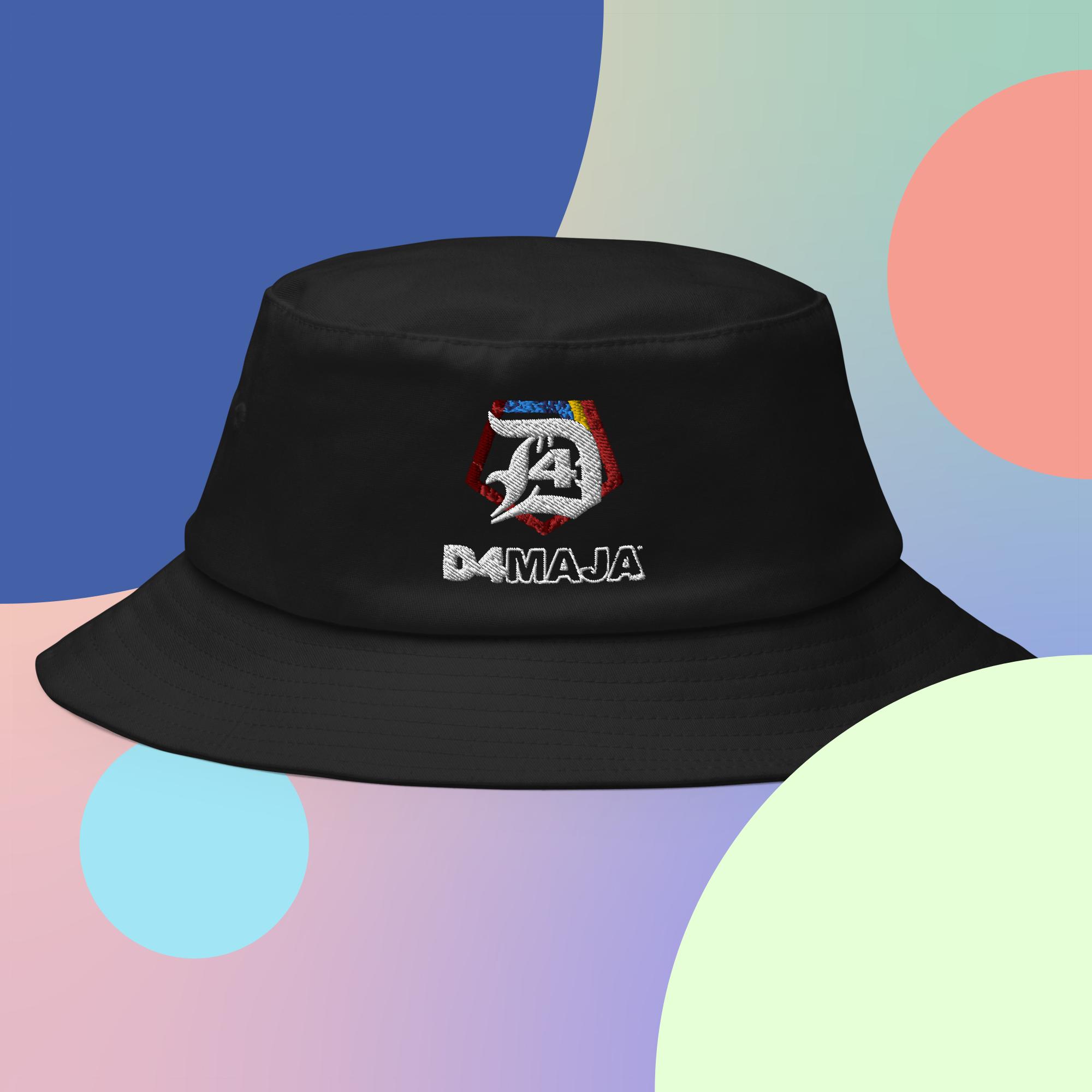 Black bucket hat and blue windbreaker